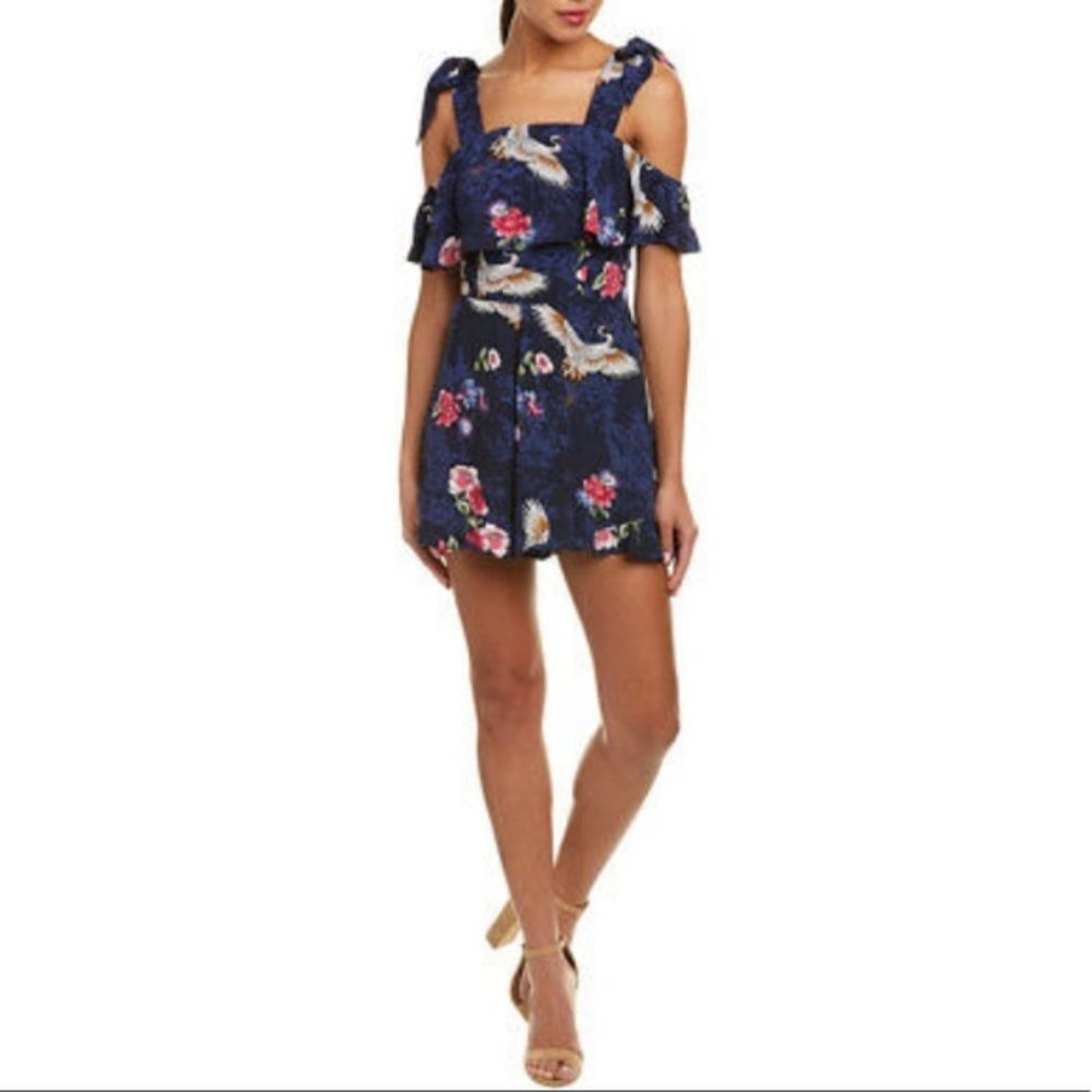 Lea & Viola Blue Floral Birds Pattern Tie Shoulder Romper XS